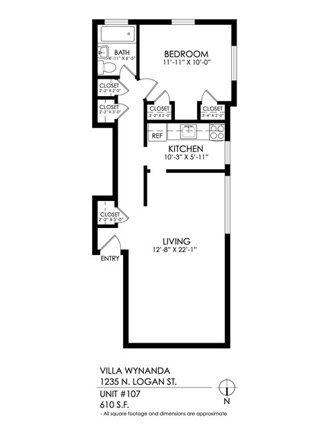 Floor plan for 1 bed, 1 bath, 615 sqft
